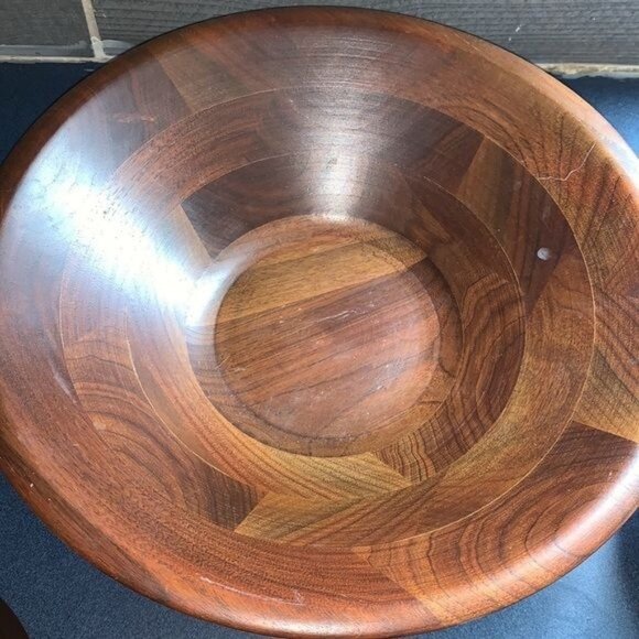 Mid-Century Modern Vermillion Real Walnut 7-Piece Salad Bowl Set With Serving Ut - Picture 5 of 12